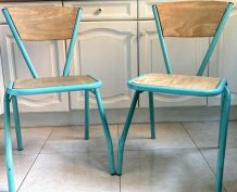 Paire de chaises d'école Vintage avec cadre en métal vert d’