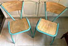 Paire de chaises d'école Vintage avec cadre en métal vert d’