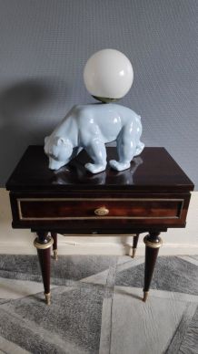 grande lampe ours en céramique bleue et globe opaline blanc