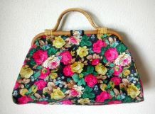 Joli sac fleuri avec anse osier - vintage 
