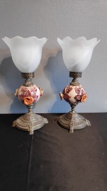 lampes laiton et céramique avec tulipes verre dépoli blanc