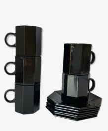  Service à café de 5 tasses &amp;amp; soucoupes noires esso arcoroc 