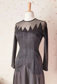 80s robe justaucorps stretch noir velours tulle S/L