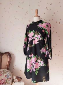 60s robe trapèze fleurie noir rose vert M