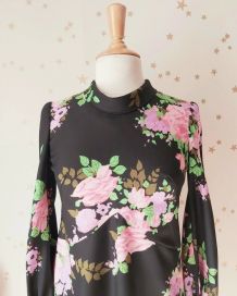 60s robe trapèze fleurie noir rose vert M