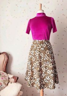 70s jupe midi fleurs noir jaune blanc XS/S