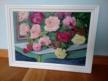 Tableau bouquet de fleurs huile sur toile signée Eustache