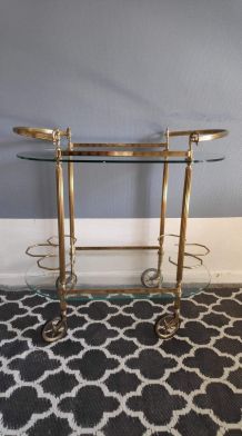 desserte bar 2 plateaux verre et structure en laiton