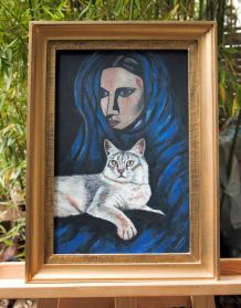 Peinture originale, pièce unique femme voilée et chat.
