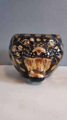 cache pot panthère en céramique noir et or