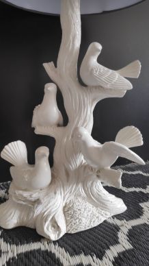 lampe 4 colombes en céramique blanche et abat-jour gris
