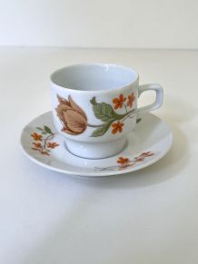 Service à café en porcelaine vintage 70 + support en laiton