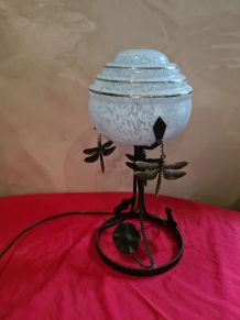 lampe fer forgé 1930 art deco  globe bleu moulé clichy et se
