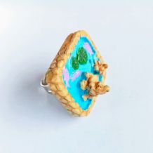 Bague réglable, étang de fée carré, poissons roses