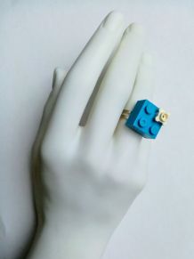 Bague Lego bleu à fleur, réglable argentée, pour tous