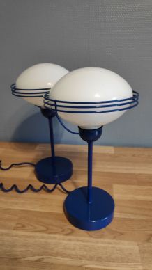 lampes "space age" métal bleu et opaline