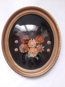 Ancien Médaillon cadre bombé Tableau ovale fleurs séchées 