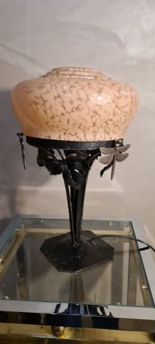 lampe art deco fer forgé  abat jour clichy rose 1920 a 40 el