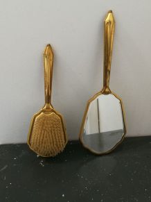 Brosse et miroir en métal doré vintage à fleurs