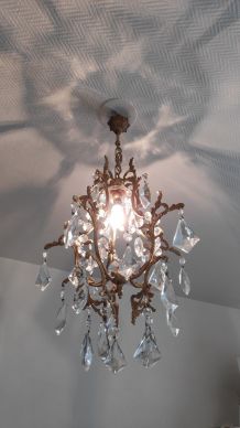 lustre cage bronze et pampilles en cristal