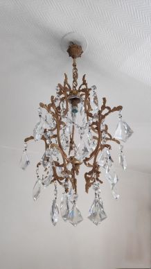 lustre cage bronze et pampilles en cristal