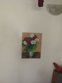 Peinture naïve fleurs dans un vase.