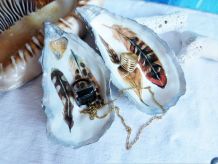 2 coquilles d'huîtres décorées plumes - rangement bijoux.