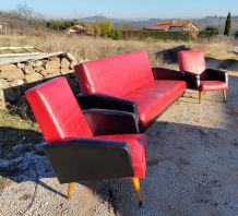 Ensemble canape + 2 fauteuils vintage skai rouge et noir