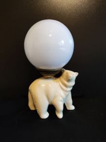 lampe ours en céramique blanche et globe en opaline
