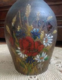 Ancienne cruche en terre cuite à deux anses (décor fleuri)