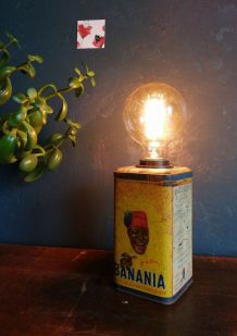Lampe vintage chevet salon bureau boîte en fer jaune Banania