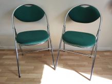 chaises pliantes métal chromé et tissu vert chiné