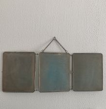 Miroir vintage 1950 triptyque biseauté barbier bleu gris - 3