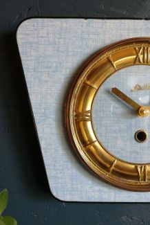 Horloge formica vintage pendule silencieuse "Bleu doré"