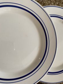 5 assiettes plates aux liserés bleus.