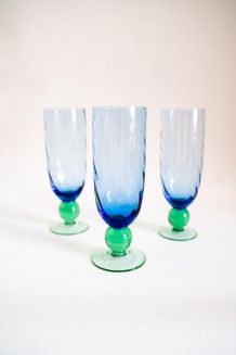 X3 verres à pied vintages en verre bleu et vert