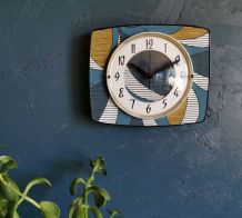 Horloge vintage pendule murale silencieuse "Bleu blanc ocre"