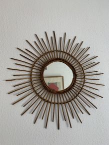 Grand miroir vintage 1960 soleil rotin - 78 cm