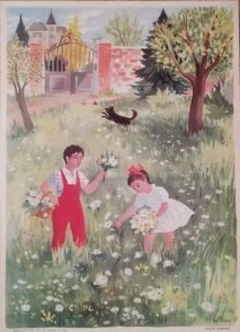 Affiche scolaire vintage La cueillette des fleurs