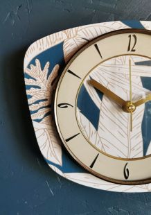Horloge vintage pendule murale silencieuse "Bleu blanc doré"