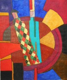 Arlequin au cirque tableau cubiste 55 cm x 46 cm