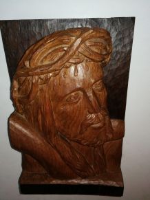 Sculpture Jésus Christ vintage bas relief en bois massif 