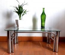 Table basse design verre et métal tubulaire 1970  
