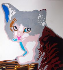 Dessin original chaton dans son panier. Peinture acrylique.