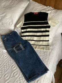 Ensemble vintage pantacourt et pull rayé 