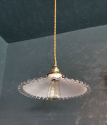 Lampe suspension vintage années 60 opaline blanche doré