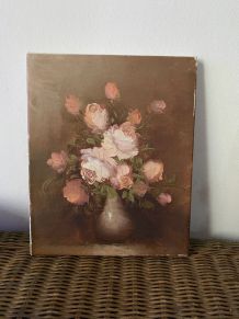 Peinture sur toile bouquet de roses dans un vase.
