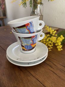 Paire grandes tasses et sous tasses café Folliet.