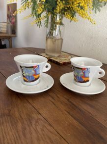 Paire grandes tasses et sous tasses café Folliet.
