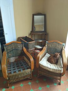 Ensemble rotin 2 fauteuils+table+jardinière+miroir+